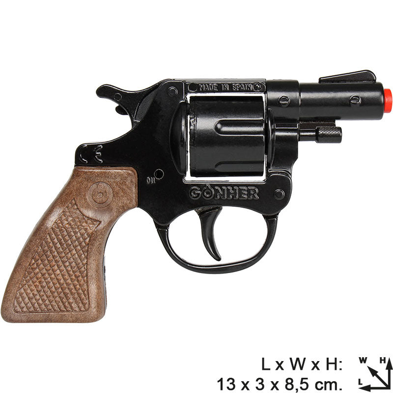 Black revolver with brown grip, holstered for display or use for Gonher 3073/6