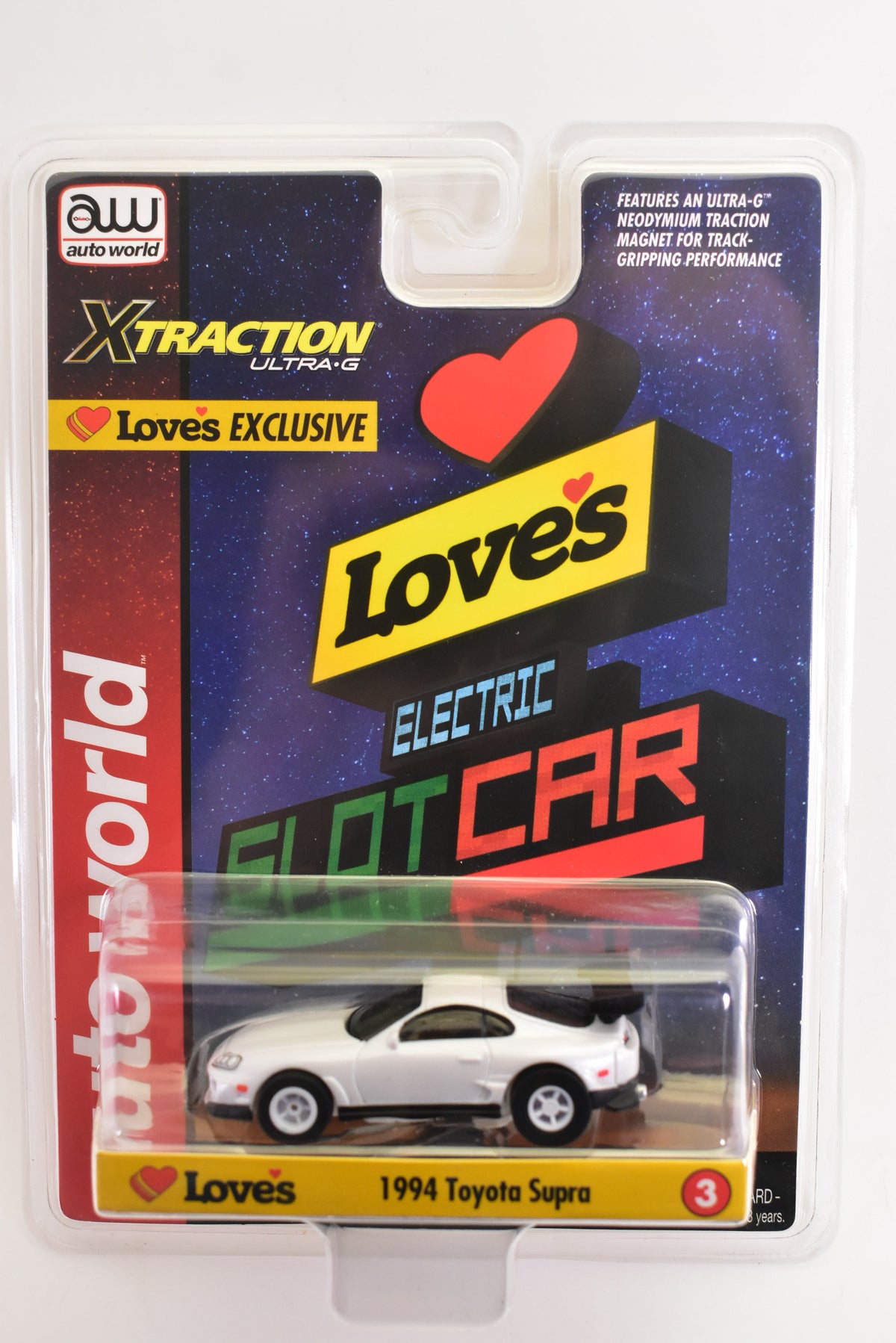 White 1994 Toyota Supra toy car in packaging for Auto World CP8166