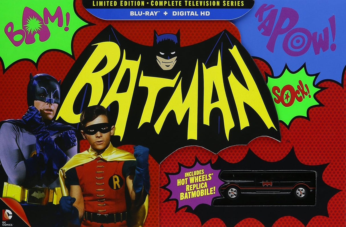 Batman action graphic with two characters and a toy car display for WB 3000060354