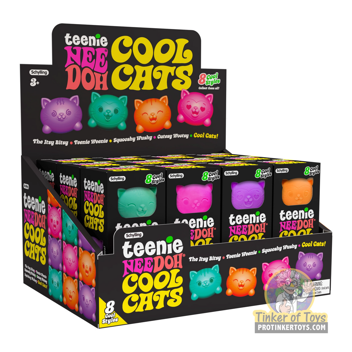 Set of 8 squishy, collectible cat toys in various colors for Schylling CCTND