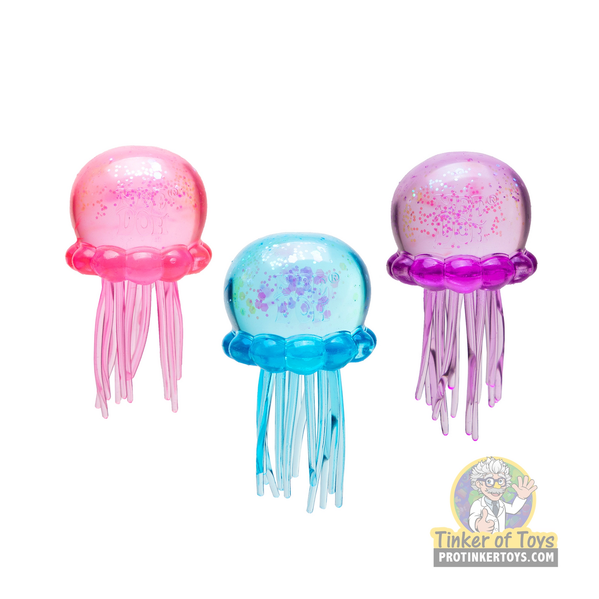 Three colorful, squishy jellyfish toys in pink, blue, and purple for Nee Doh JSND
