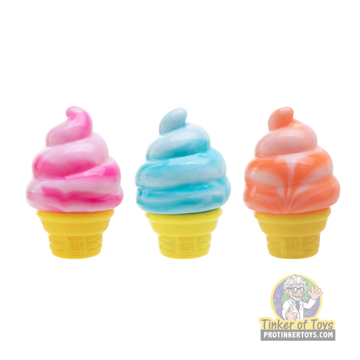 Three colorful, swirled needoh cones: pink, blue, and orange for Schylling NCCND