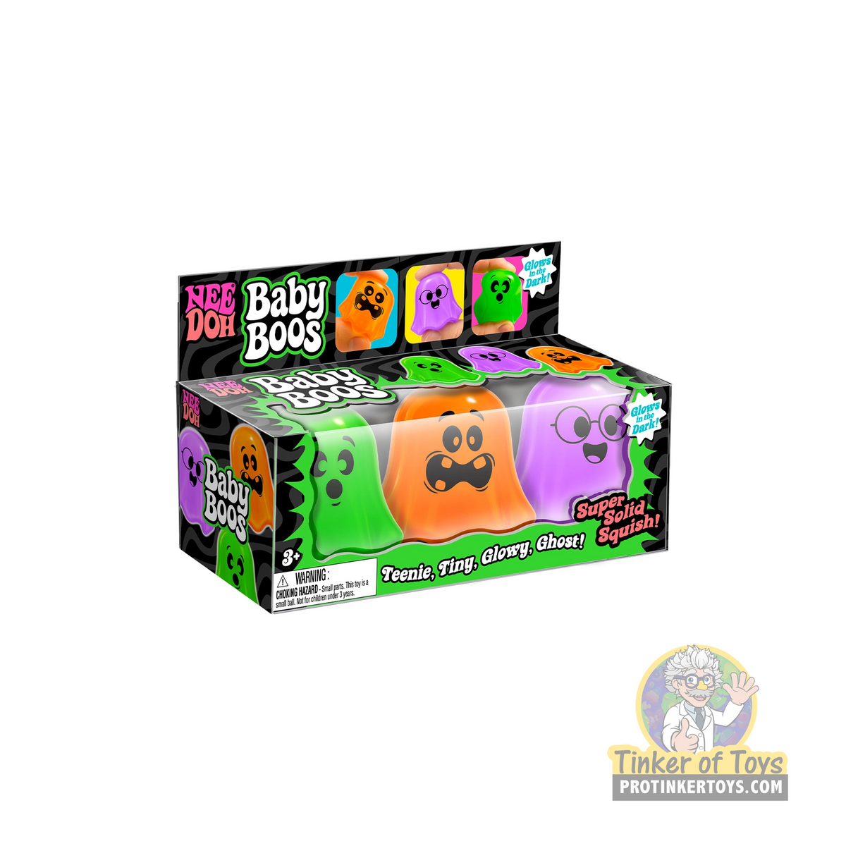 Box of squishy, spooky "Baby Boos" toys in various colors for Nee Doh NDWBB26