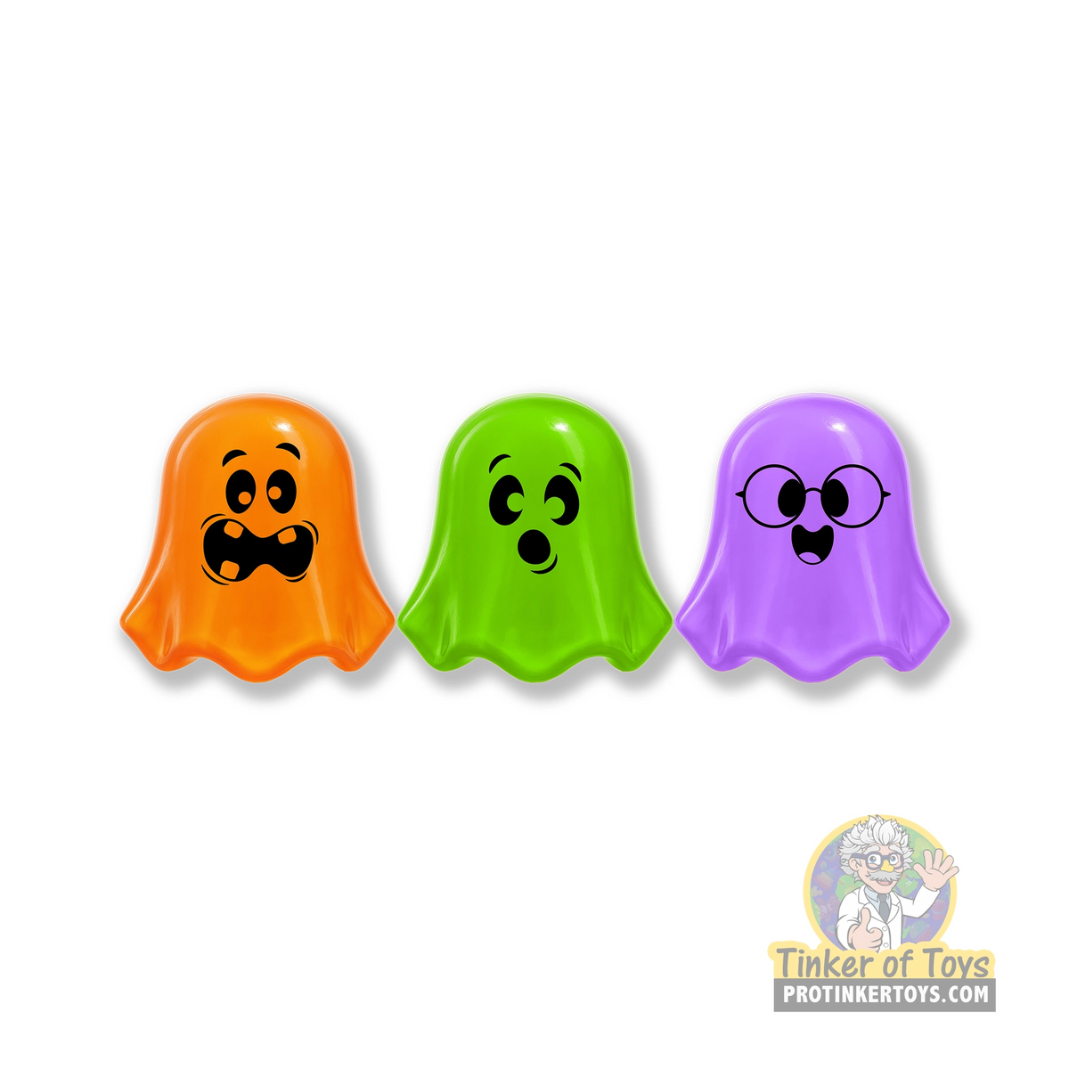 Three colorful, cute ghost-shaped bath toys: orange, green, and purple for Nee Doh NDWBB26