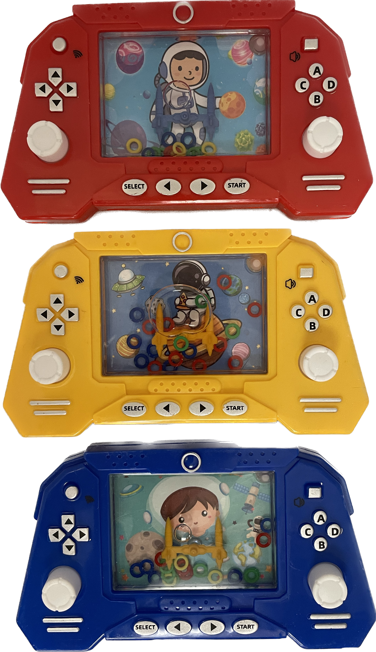 Three colorful, water-filled gamepads for kids, red, yellow, and blue for BVP 89068