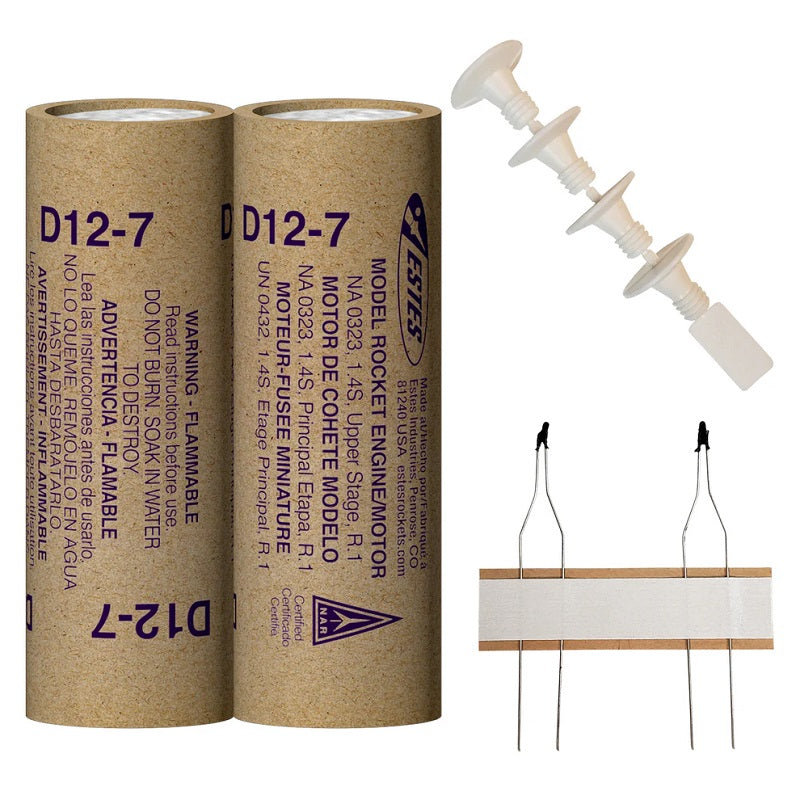 Two model rocket engine tubes and a white plastic engine mount with three prongs for Estes EST10040