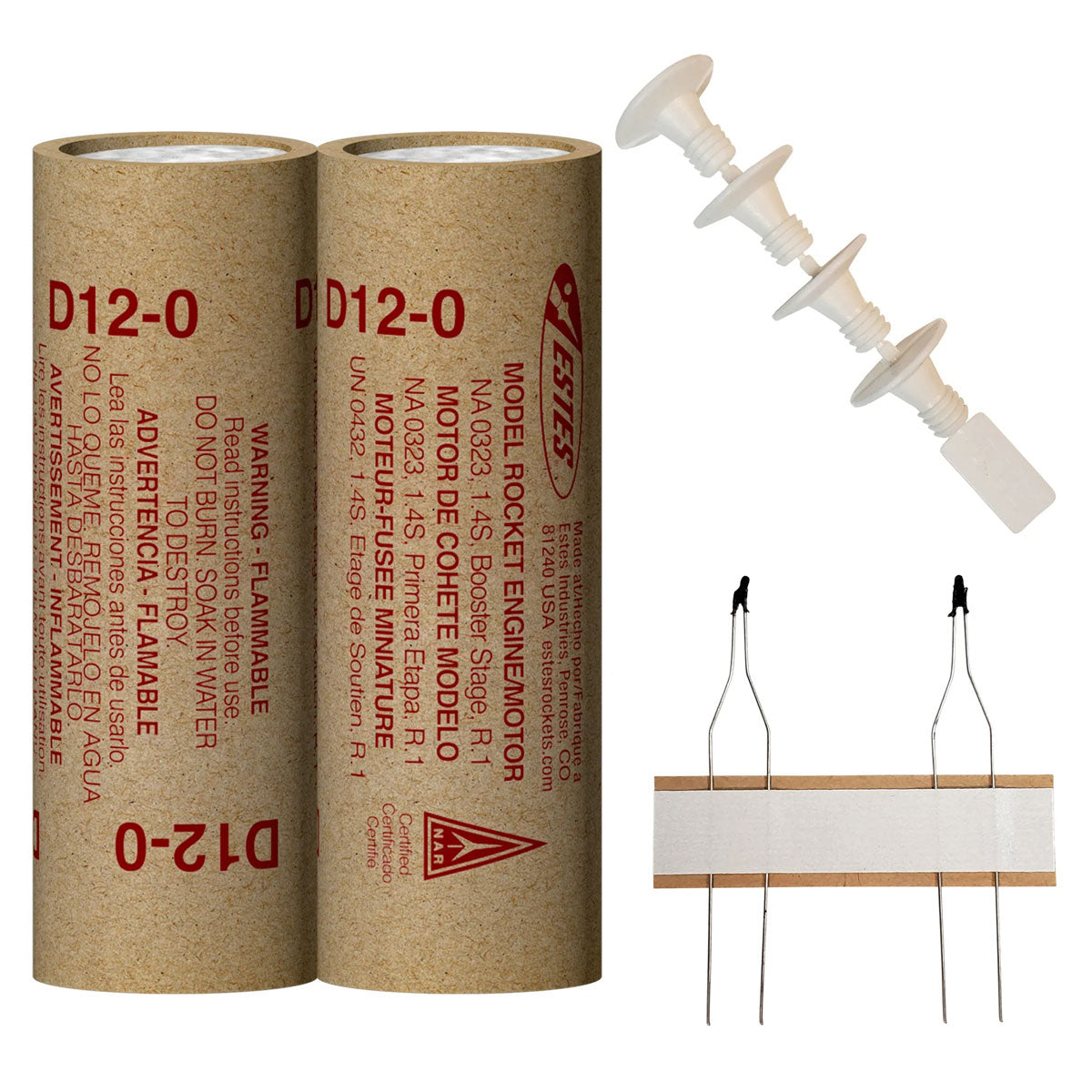 Two cardboard engine tubes and a white model rocket engine assembly with launch rods for Estes EST10049