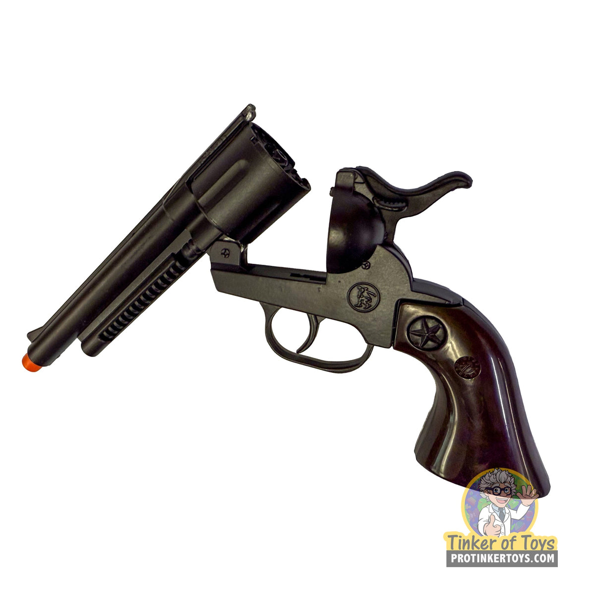 Black revolver with brown grip for Gonher 31216BR; included holster not shown