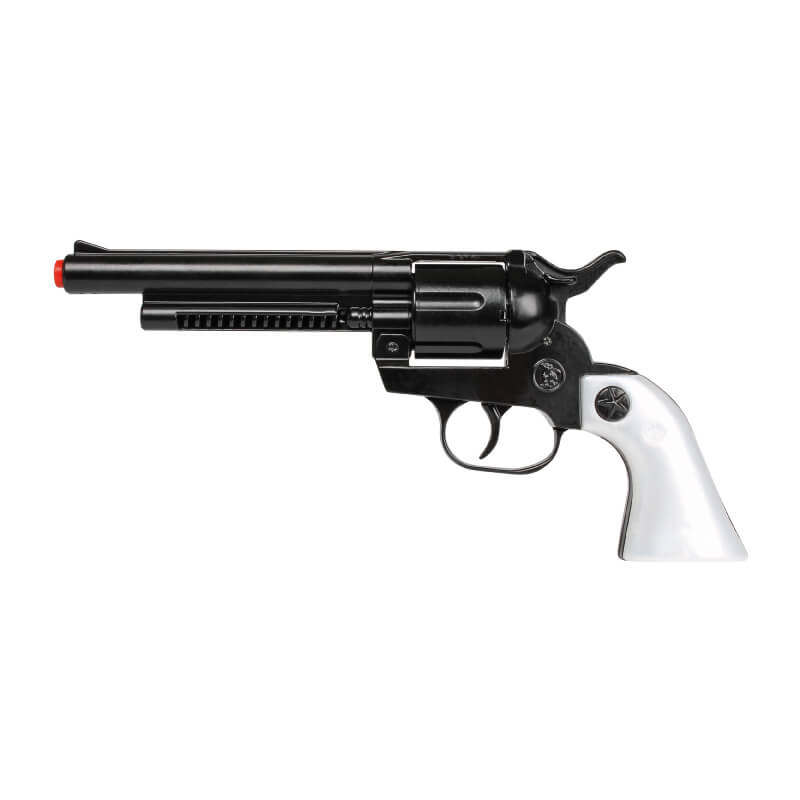 Black revolver with white grip for Gonher 31216TN; included holster not shown