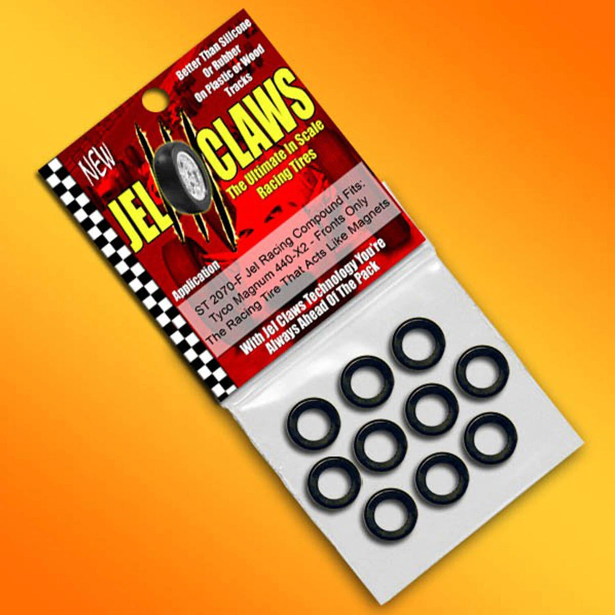 Slot Car Tires for Tyco Magnum 440-x2, Mega G, Tomy AFX Turbo - Fronts Jel Claws slot car tire set for ST 2070-F, view 2