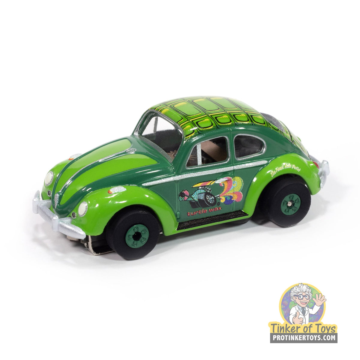 Green Volkswagen Beetle toy car with "Turtle Wax" decal for Auto World SC418