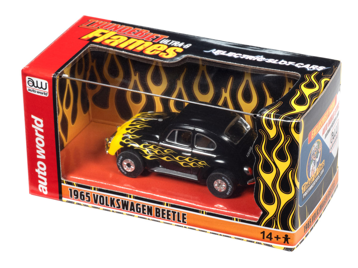 Black and yellow 1965 Volkswagen Beetle toy car in its open box for Auto World CP7985