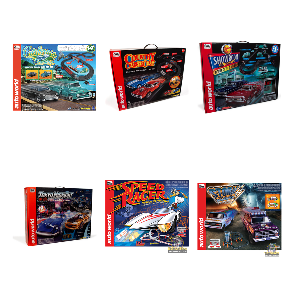 The Super Six Set Deal: HO Slot Race Set 6-Set Bundle — Auto World bundle collage