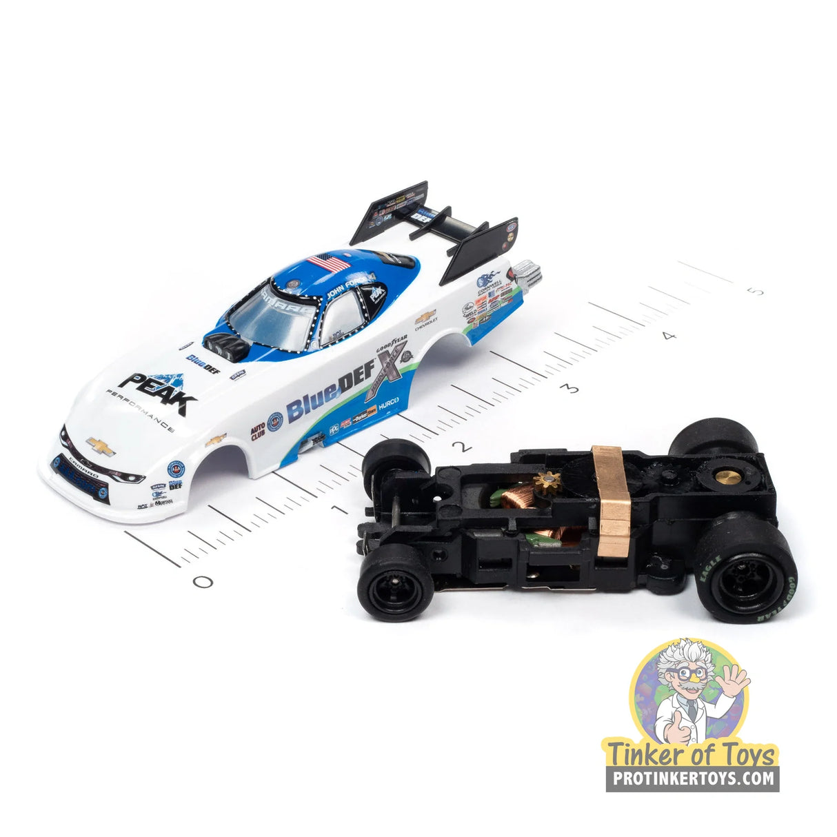 4Gear 2020 Chevrolet Camaro Funny Car — John Force (BlueDEF) 1 | SC352 | Auto World — chassis and scale view