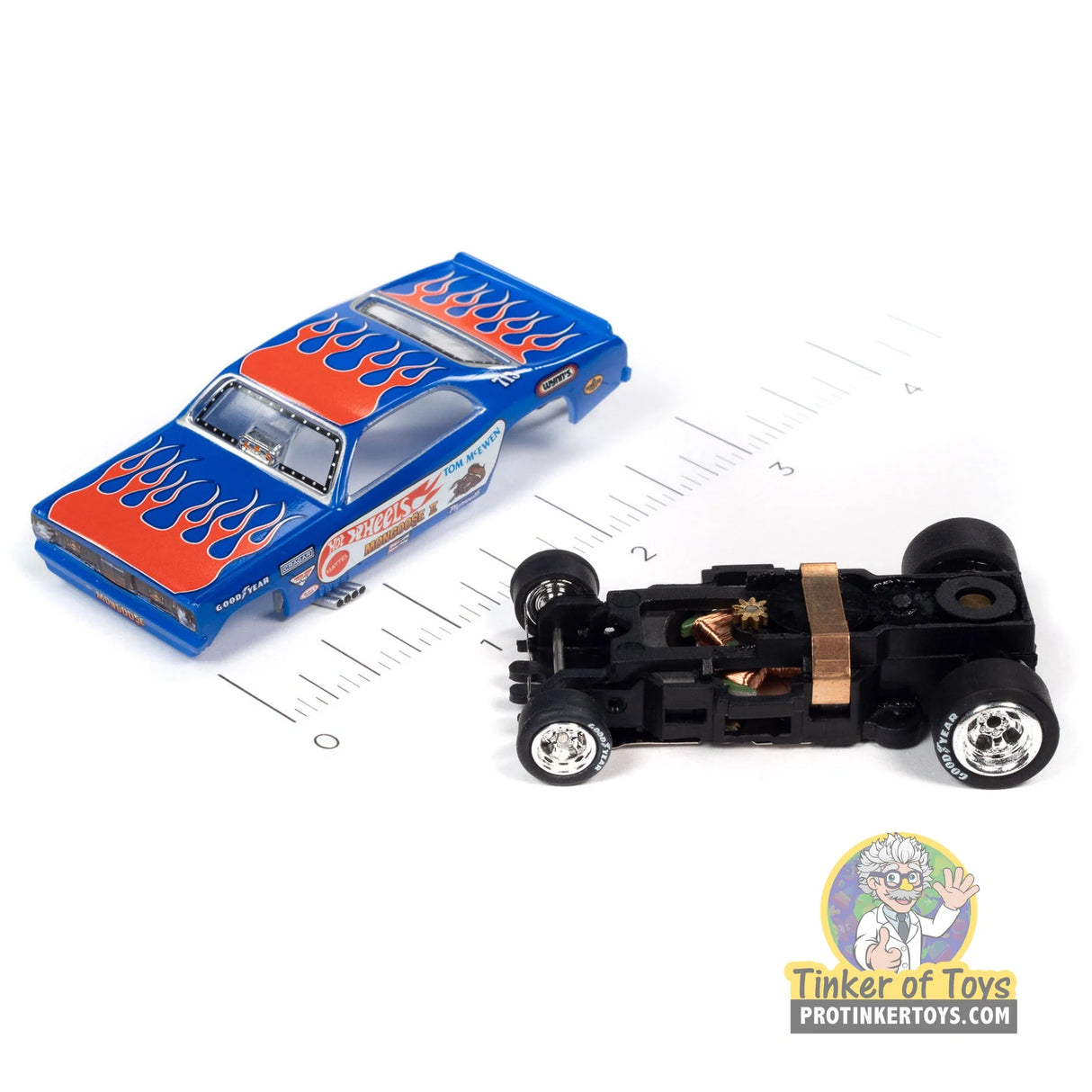 4Gear 1972 Plymouth Duster Funny Car Tom “The Mongoose” McEwen (Blue with Flames) 2 | SC376 | Auto World — chassis and scale view