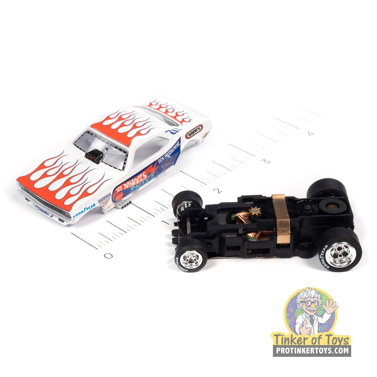4Gear 1972 Plymouth Cuda Funny Car Don “The Snake” Prudhomme/Snake II (White with Flames) 3 | SC376 | Auto World — chassis and scale view