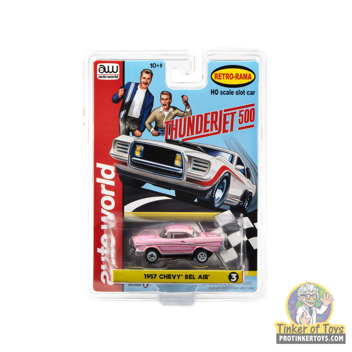 Auto World SC434 3B Thunderjet 1957 Chevrolet Bel Air Lowrider in pink, HO slot car in original retail packaging