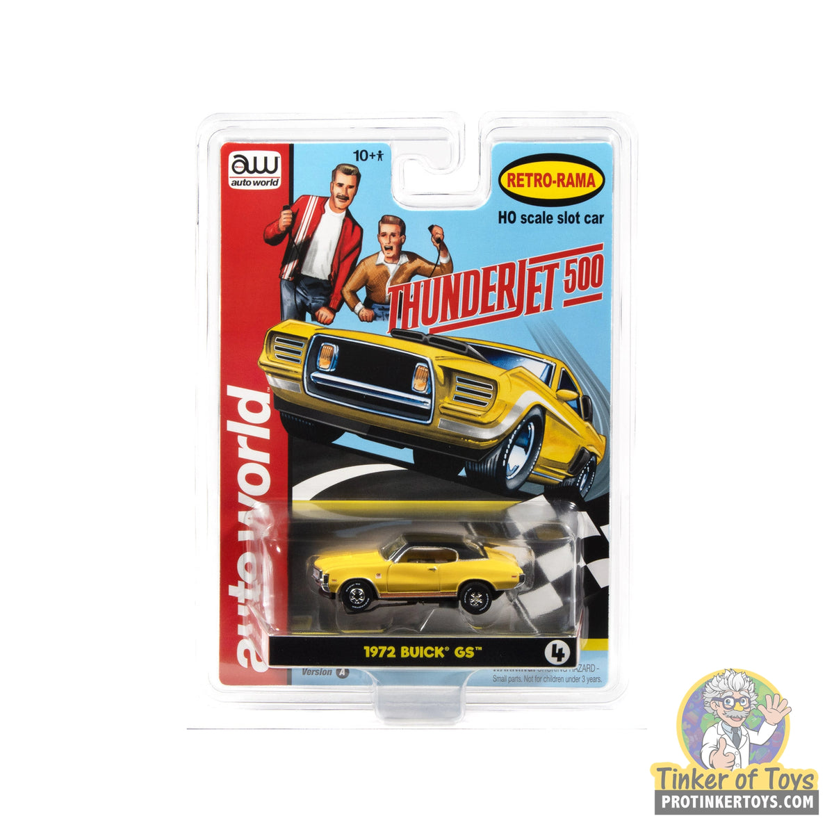 Auto World SC434 4A Thunderjet 1972 Buick GS in yellow, HO slot car in original retail packaging