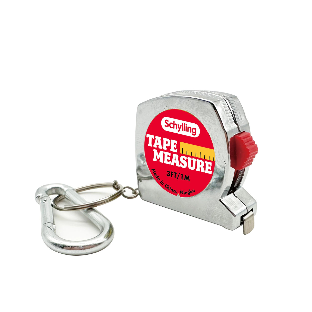 A small, silver tape measure with a carabiner attachment. The tape measure has a red and yellow label that reads "Schylling