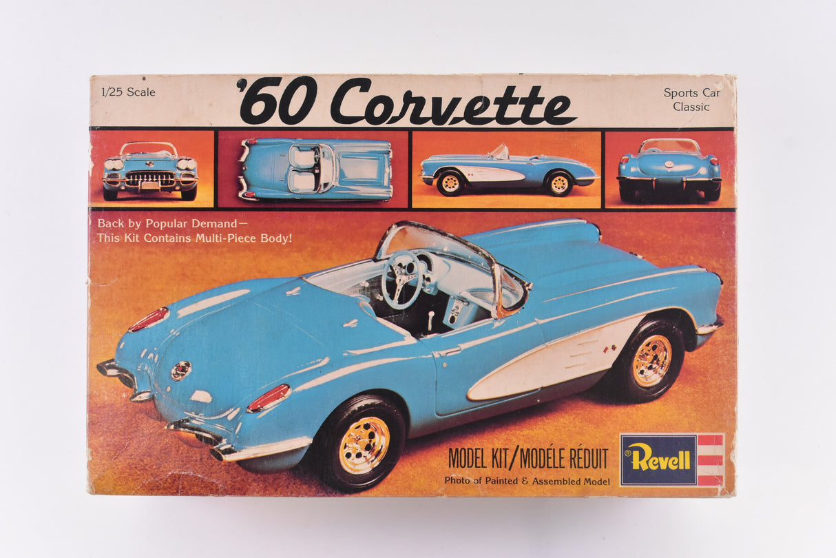 Blue 1960 Corvette model kit box art showing assembled car and views for Revell 1960 Corvette 1/25 Scale