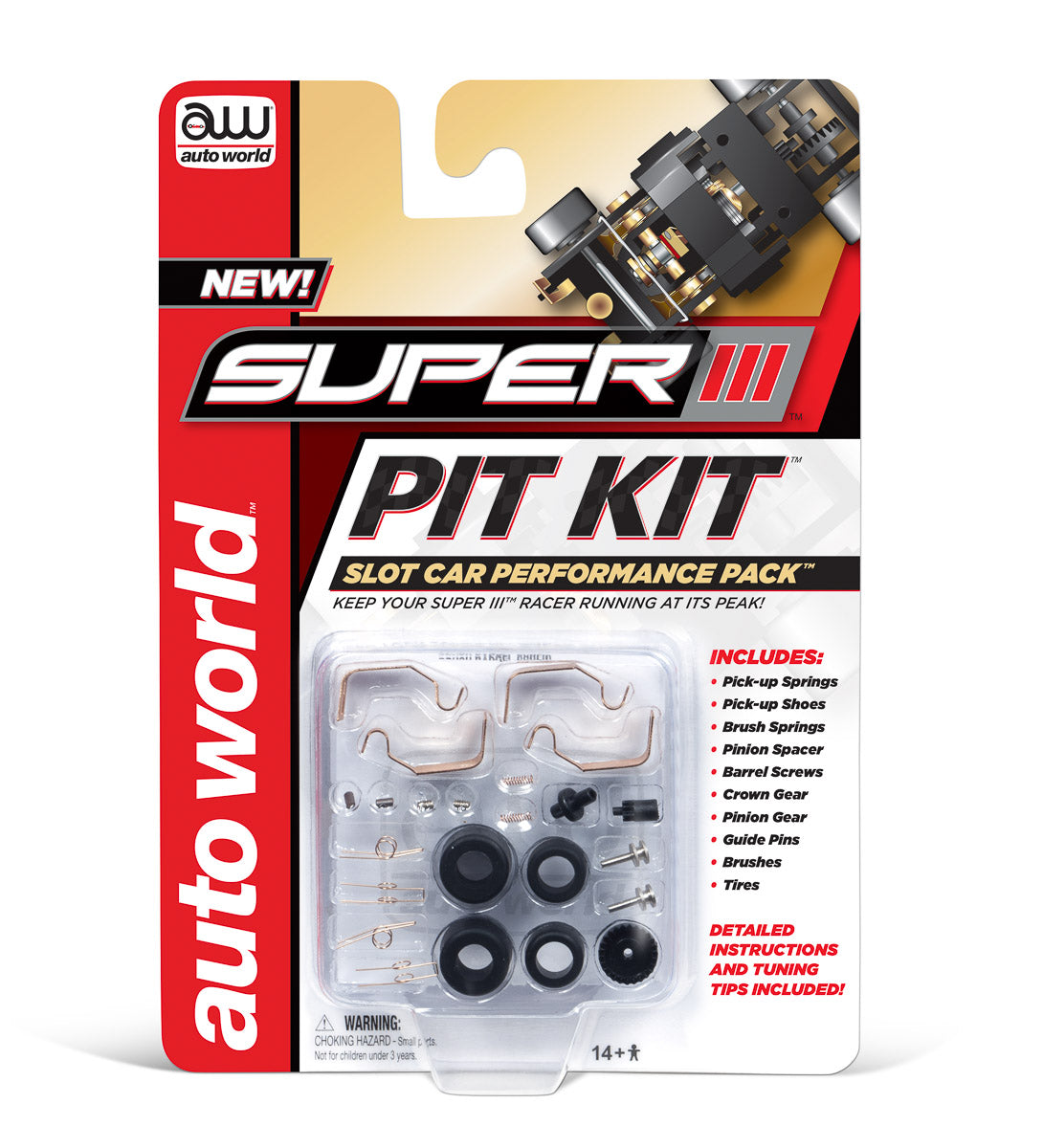 Assortment of parts for slot car racing, including springs, screws, and gears for Auto World 00301