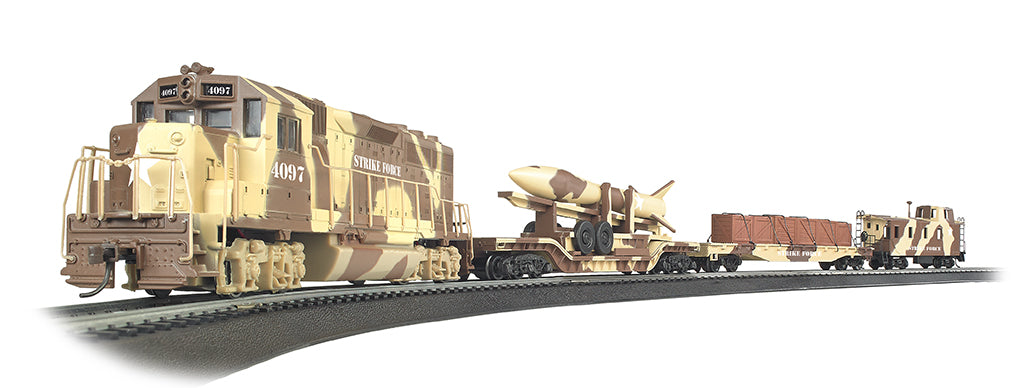 Military train set featuring a locomotive, tank, and cargo cars on tracks for Bachmann 752