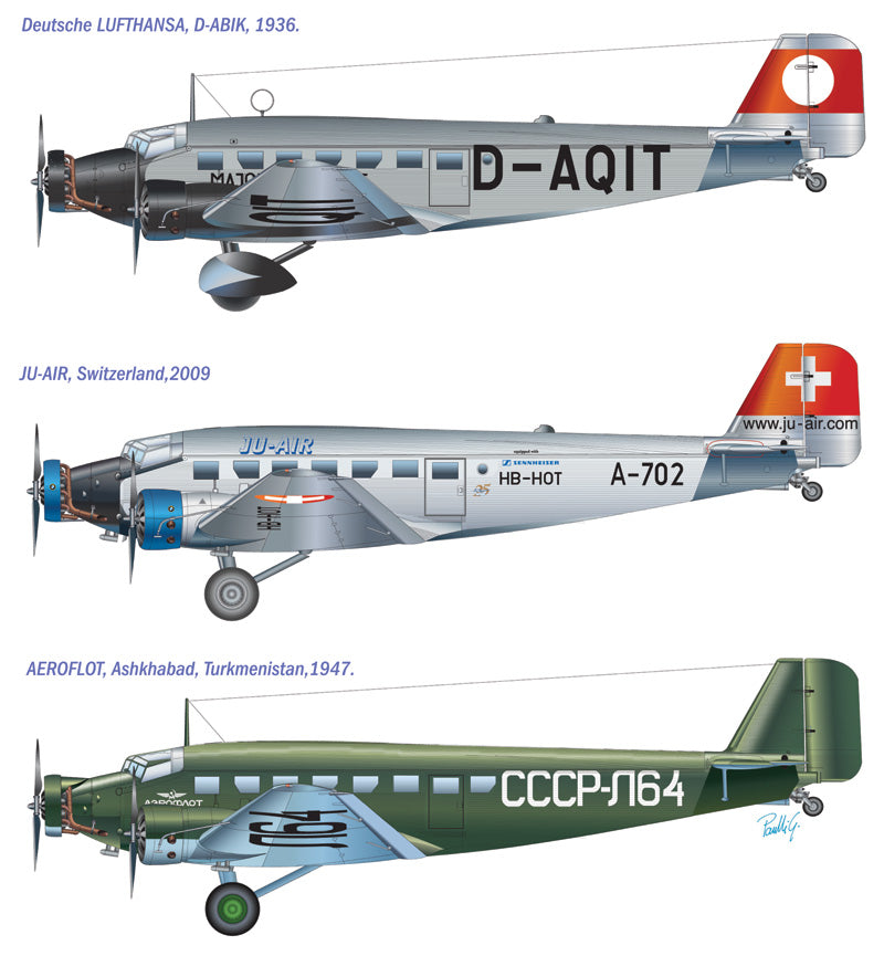 Three scale models of Junkers Ju-52 aircraft in different liveries and years for Italeri 150
