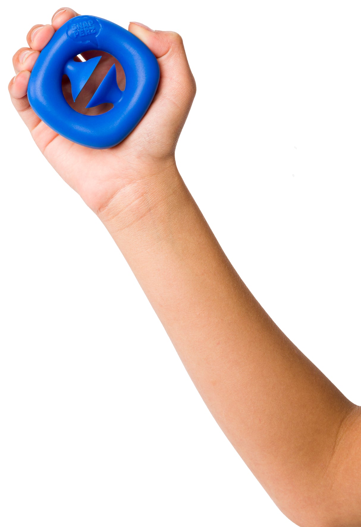 Child's hand holding a blue, circular, snap-toy for Toy Smith 1032