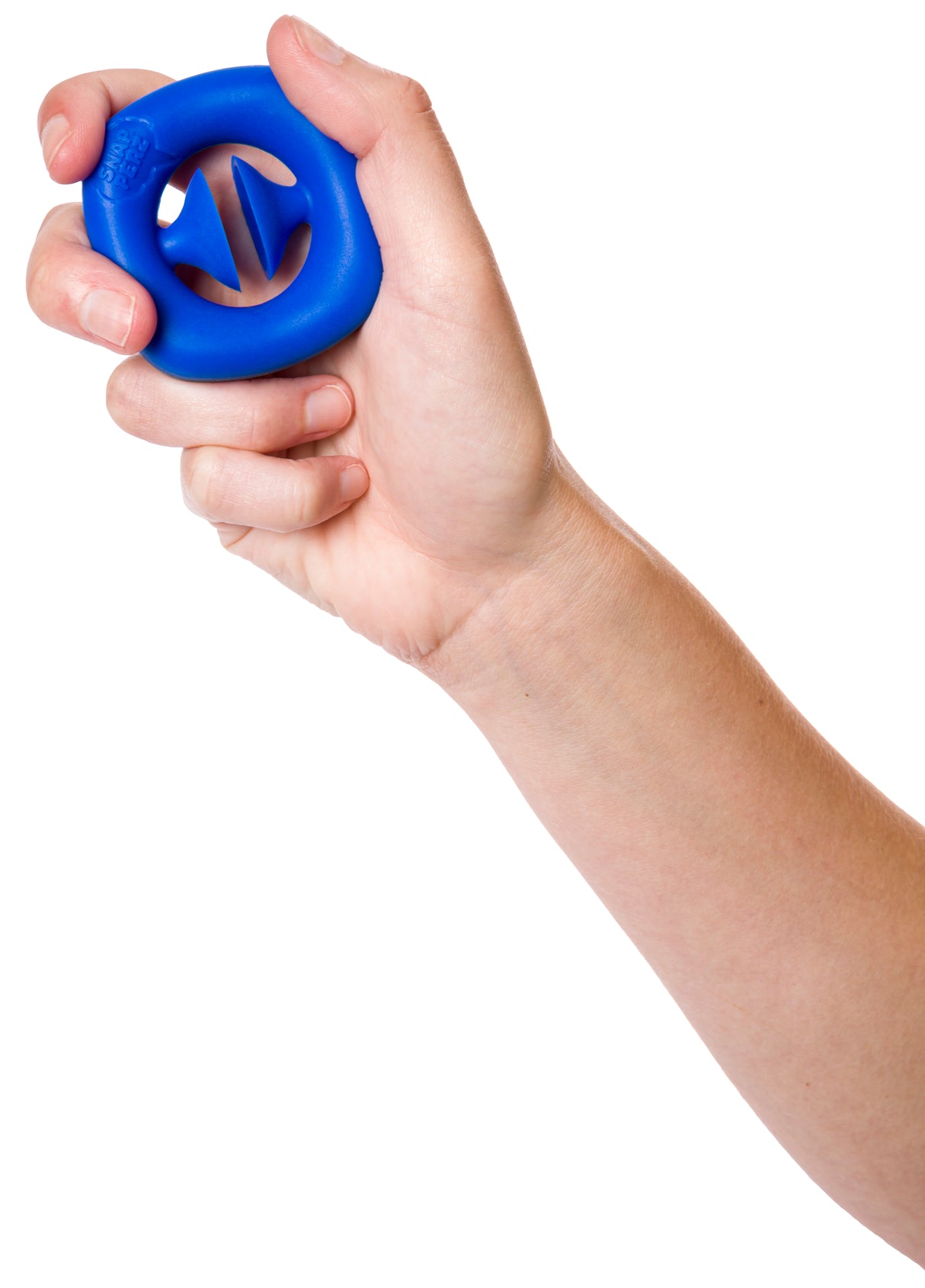 Blue grasping toy held in a hand, featuring interlocking triangle shapes for Toy Smith 1032