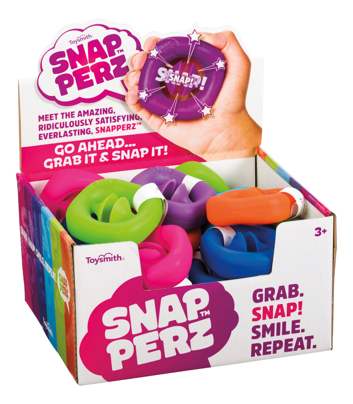 Colorful, squishy sensory toys in a box, ready for grabbing and snapping for Toy Smith 1032
