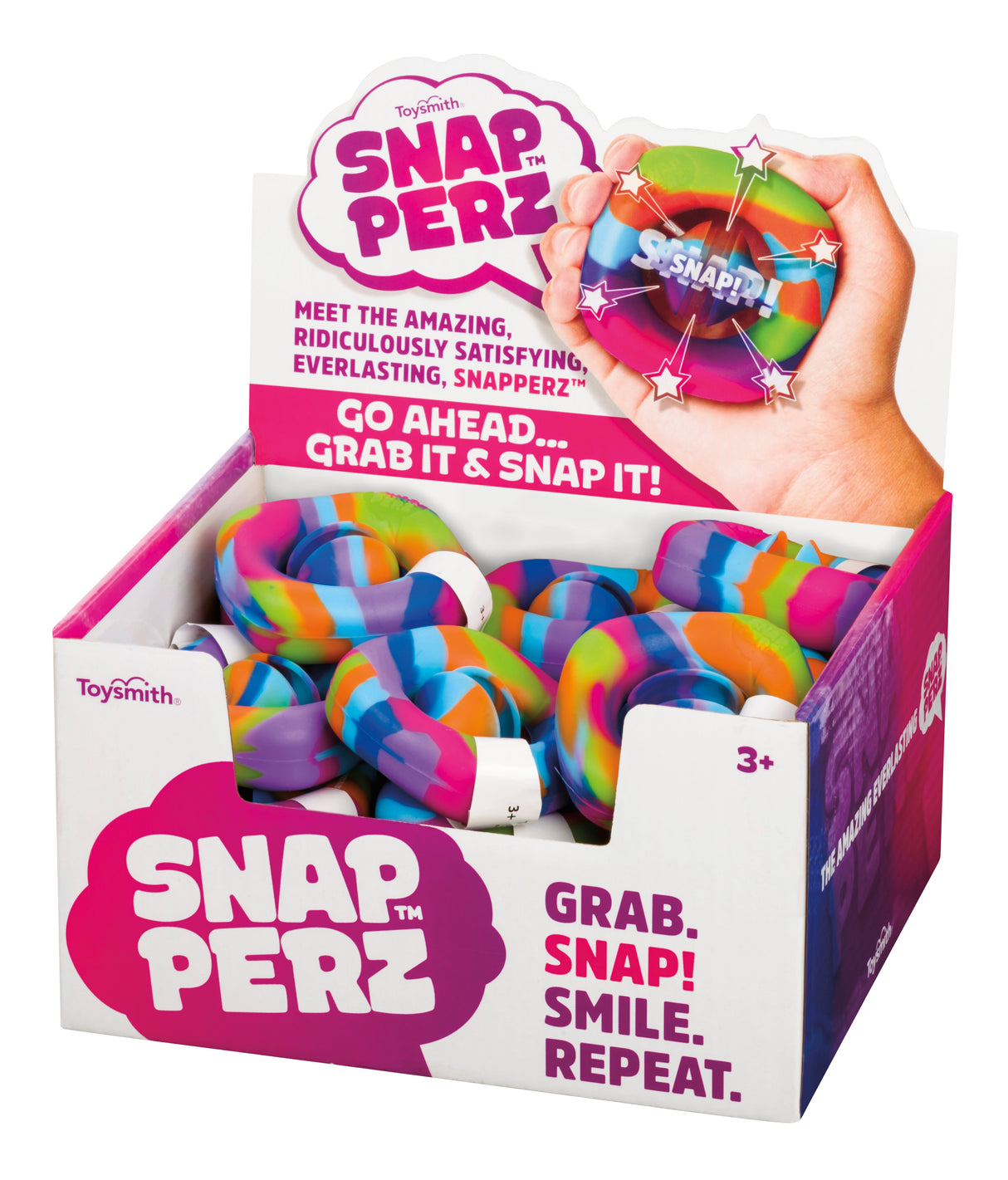 Colorful, squishy, rainbow-colored sensory toys in a box for Toy Smith 1035