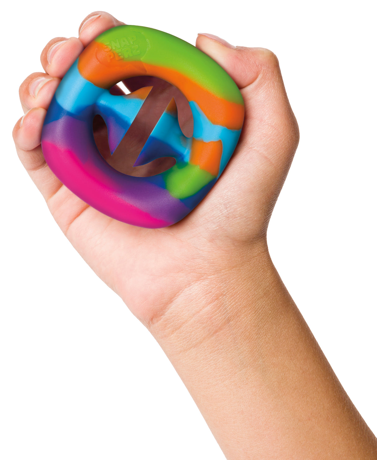 Hand holding a colorful, rainbow-striped, springy toy for Toy Smith 1035