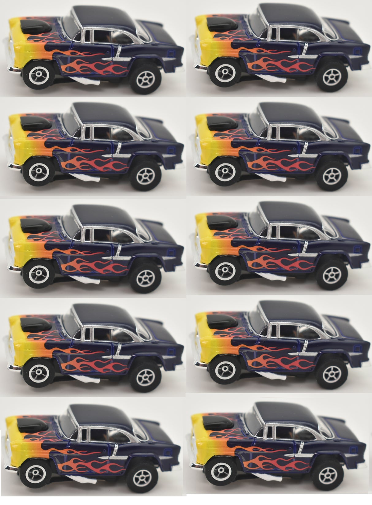 Blue and yellow flame patterned 1955 Chevy Bel Air slot car for Slot Car 1:64 CP7726, front view