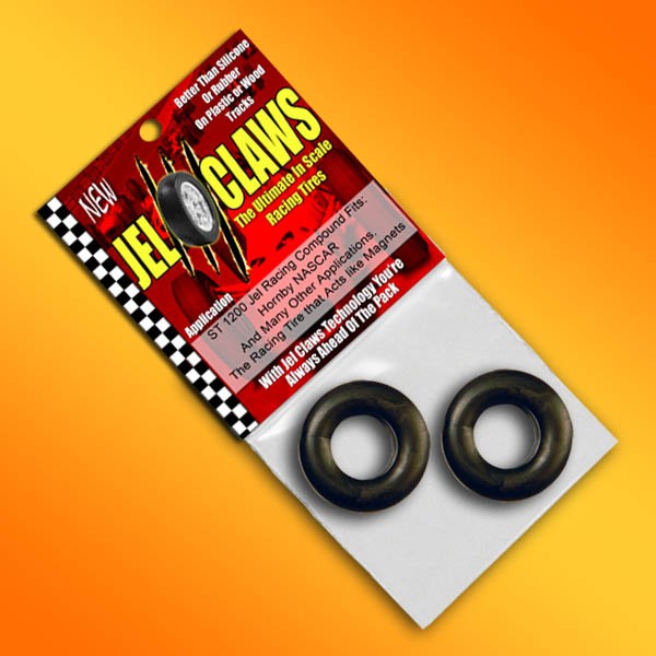 Two black slot car tires in a red and black package for 2 Tires Jel Claws