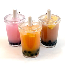 Three mini boba tea keychains in pink, orange, and brown hues for BC Mini 12032