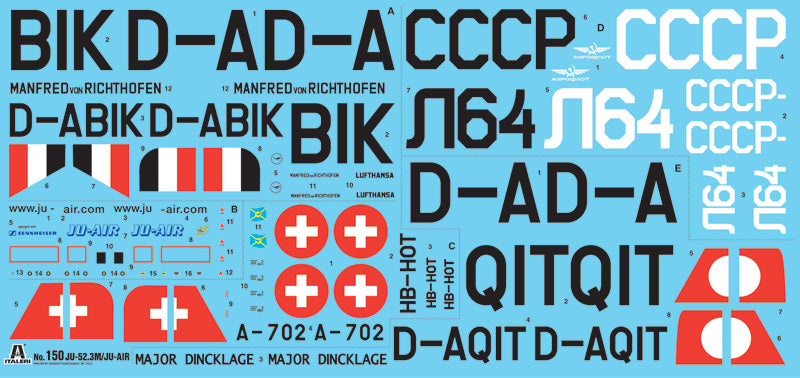 Aircraft decal sheet showing various markings for Junkers Ju-52/3M scale model for Italeri 150