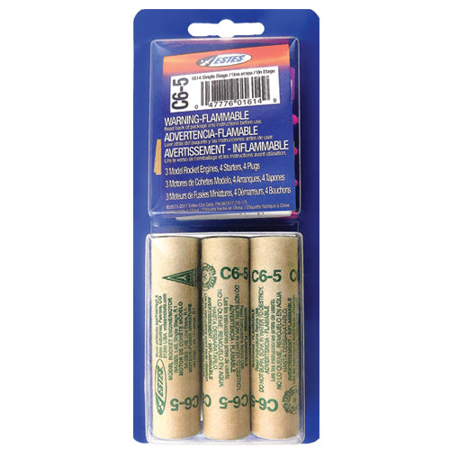 Three cardboard rocket engines, C6-5 size, packaged for model rocketry for Estes EST10056
