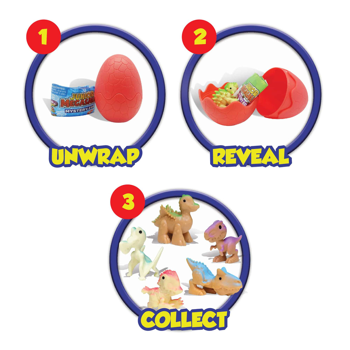 Three steps: unwrap an egg, reveal a toy, and collect dinosaur figures for Schylling 16964