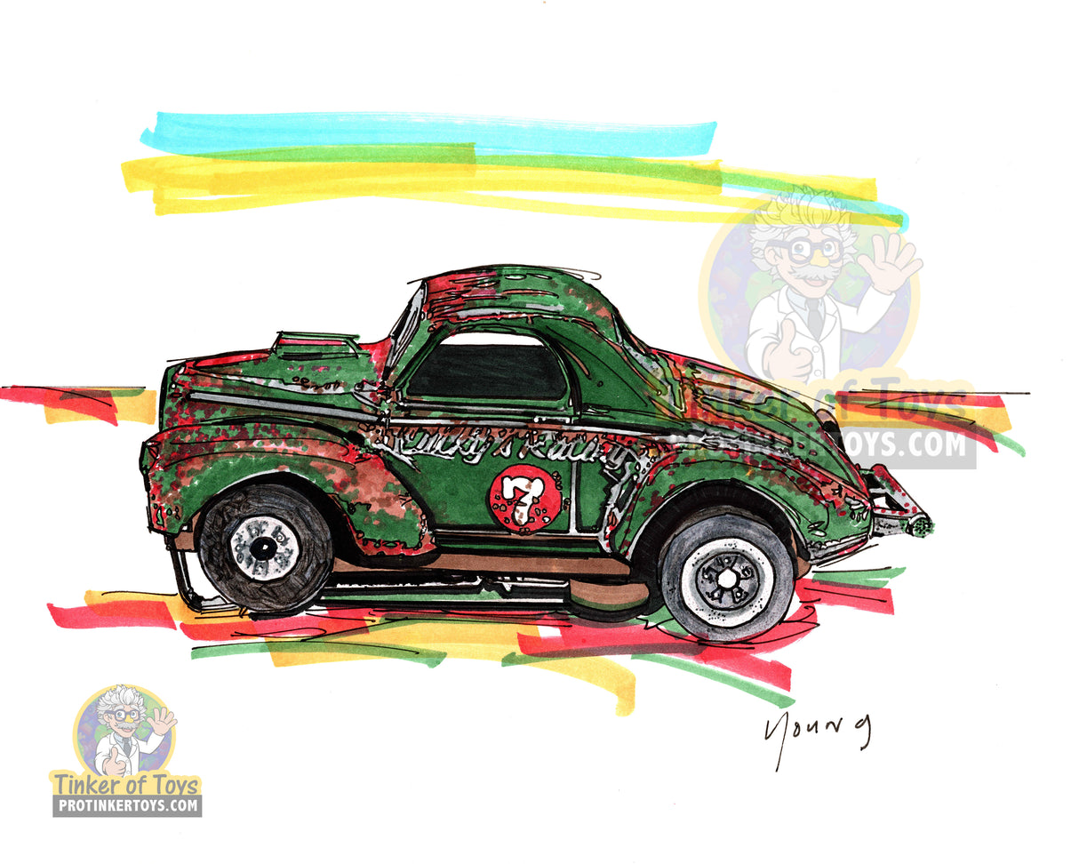 Green vintage Willys Gasser hot rod artwork by Timothy W. Young for 8”x10”