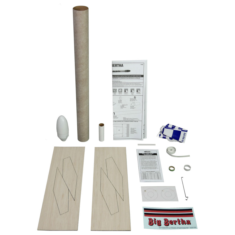 Rocket kit components: cardboard tube, wooden pieces, and instructions for Estes EST1948, parts view, product view 4