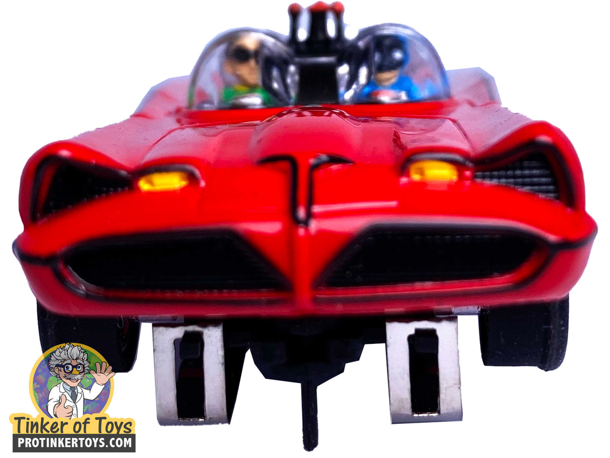 Red Batmobile toy car with two visible figures in the cockpit for Auto World CP7783