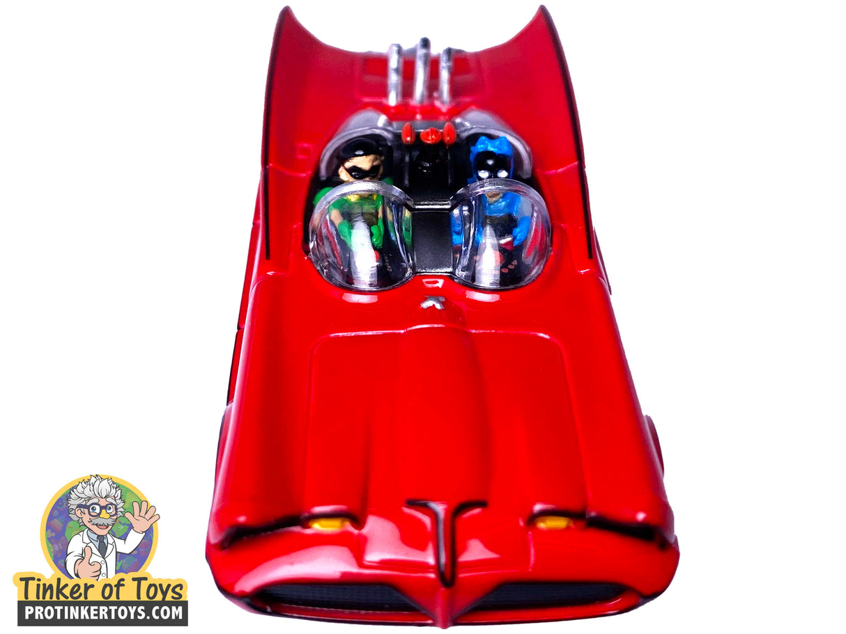 Red Batmobile toy car with visible cockpit area for Auto World CP7783