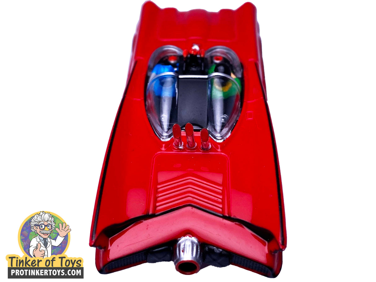Red Batmobile toy car, front view, with visible headlights for Auto World CP7783