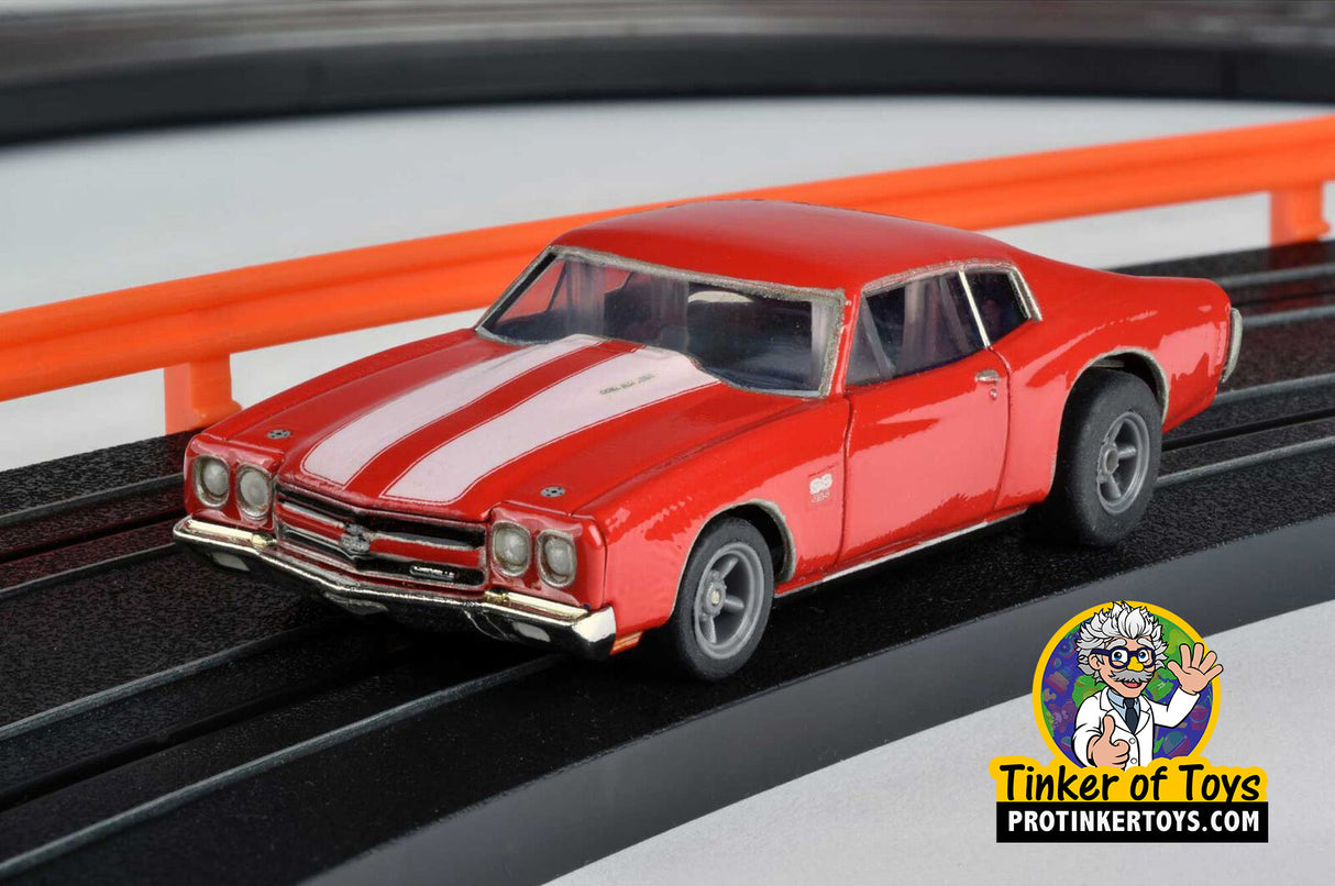 Red 1970 Chevelle 454 slot car on a track for AFX/Racemasters 22043, alternate track view