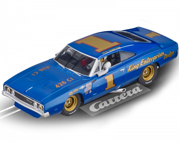 Blue Dodge Charger race car model, number 1, on a track base for Carrera Evolution 20027657