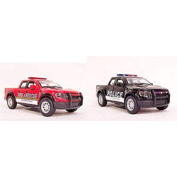 Red fire truck and black police truck toys for Kinsmart 5365DPR