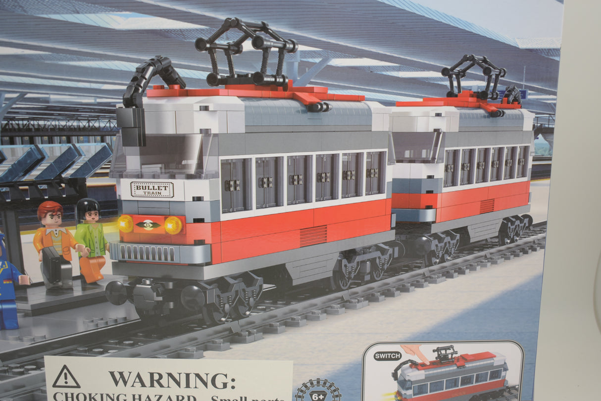 Toy train set featuring a passenger bullet train and station backdrop for Electric Train AUS25012