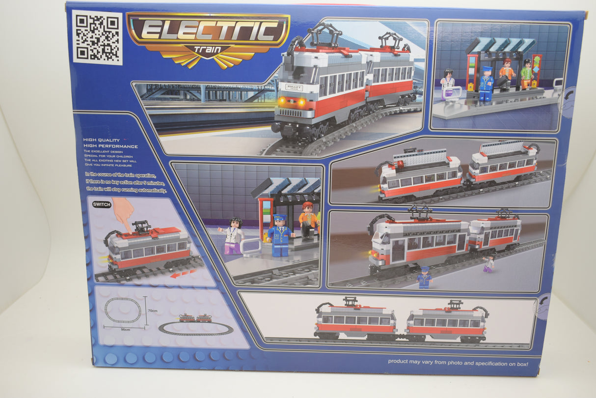 Toy train set showing various train cars and station pieces for play for Electric Train AUS25012