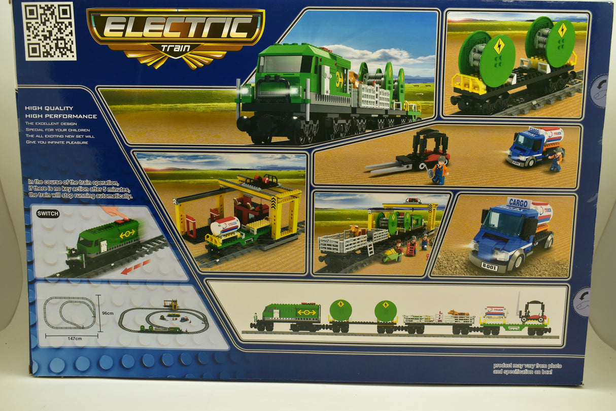 Toy train set featuring diesel locomotive, crane, and various accessories for Electric Train AUS25121