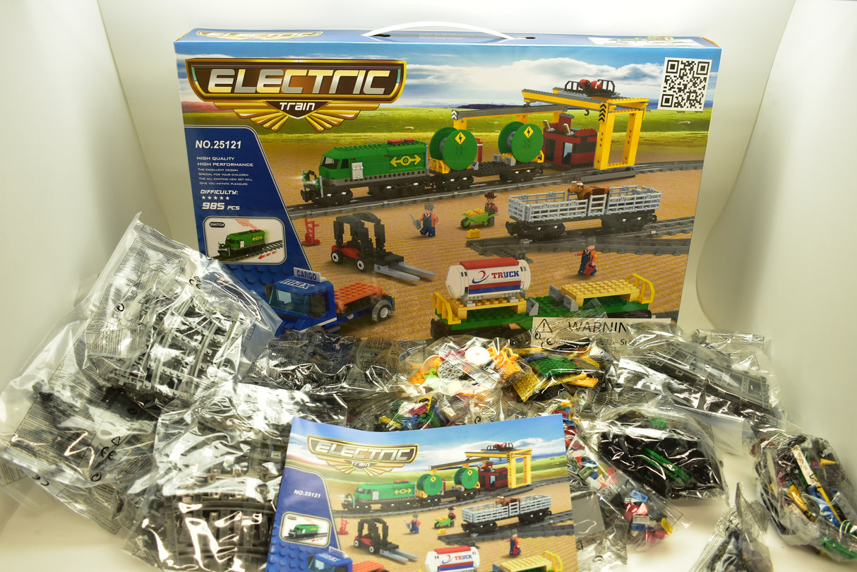 Toy train set box with diesel freight train, crane, and accessories for Electric Train AUS25121